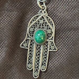 Silver Hamsa Keychain with Green Stone stamped 925